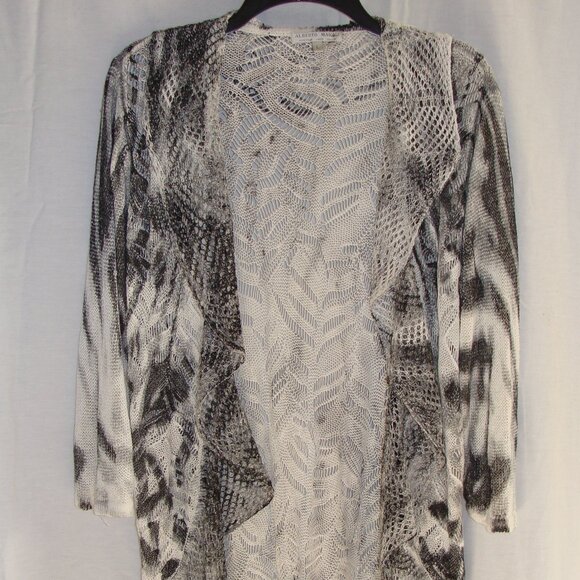 White & Charcoal Gray 3/4 Sleeve Open Knit LINEN Blend CARDIGAN Sz LARGE - Picture 2 of 8